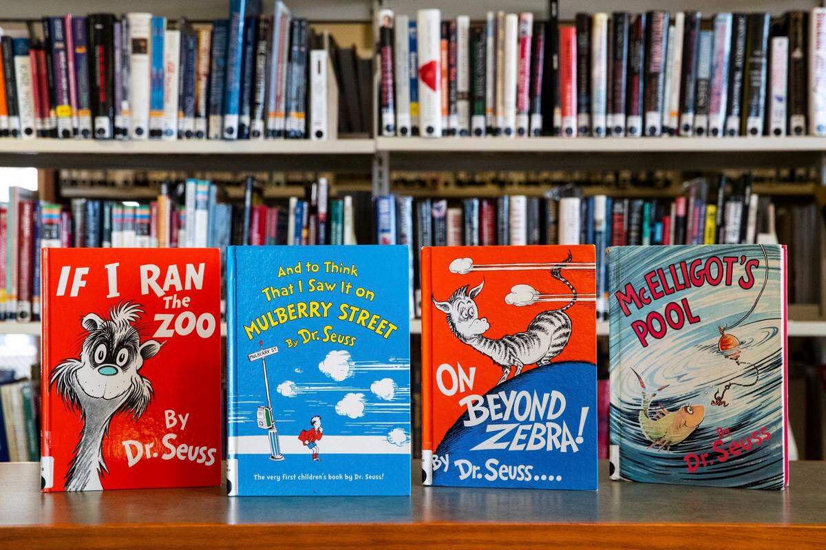Dr. Seuss books, from left, “If I Ran the Zoo,” “And to Think That I Saw It on Mulberry Street,” “On Beyond Zebra!” and “McElligot’s Pool,” as well as “Scrambled Eggs Super!” and “The Cat’s Quizzer,” will no longer be published, Dr. Seuss Enterprises, the business that preserves and protects the author’s legacy, announced Tuesday.