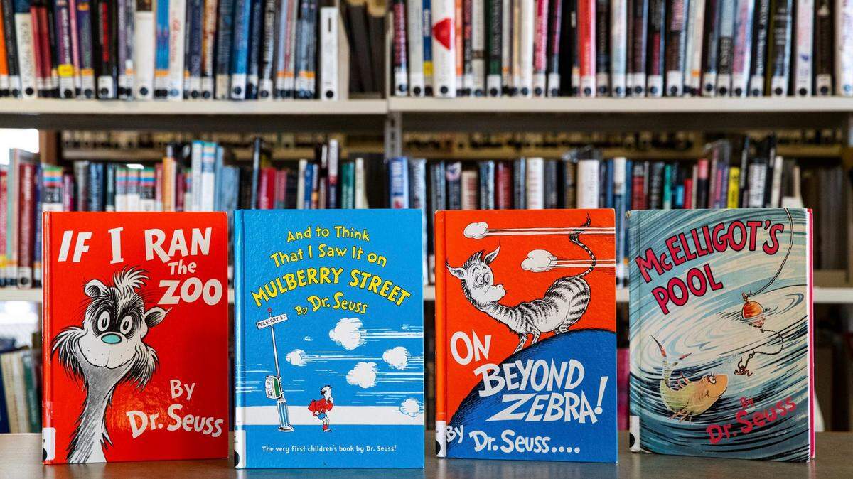 Dr. Seuss books, from left, “If I Ran the Zoo,” “And to Think That I Saw It on Mulberry Street,” “On Beyond Zebra!” and “McElligot’s Pool,” as well as “Scrambled Eggs Super!” and “The Cat’s Quizzer,” will no longer be published, Dr. Seuss Enterprises, the business that preserves and protects the author’s legacy, announced Tuesday.