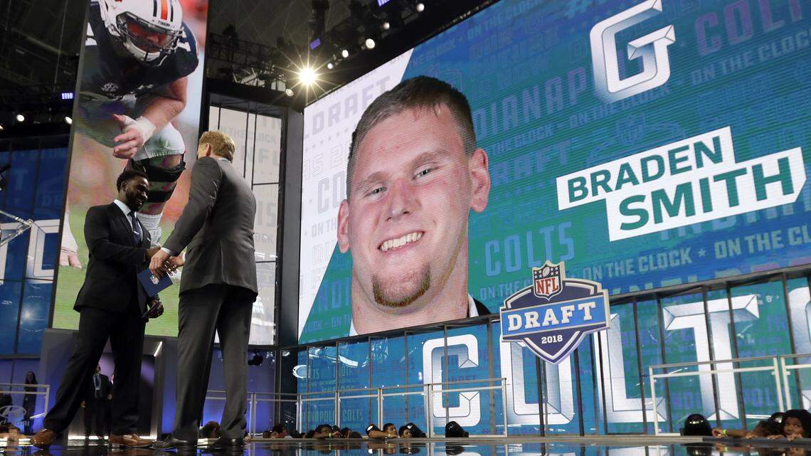 Offensive lineman Braden Smith had his picture come up on the big video board at the NFL Draft in Arlington, Texas on Friday night.  Smith an offensive lineman for Auburn, was picked in the second round by the Indianapolis Colts. Smith played in high school at Olathe South.