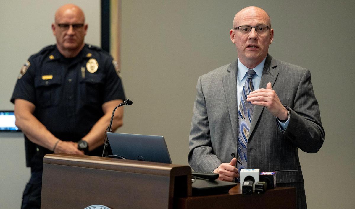 Johnson County District Attorney Steve Howe speaks during a press conference at the Johnson County Courthouse on Wednesday, May 17, 2023, in Olathe, Kan. Howe announced an Olathe police officer will not face criminal charges for shooting and killing Brandon Lynch during a call he responded to on Dec. 31, 2022.