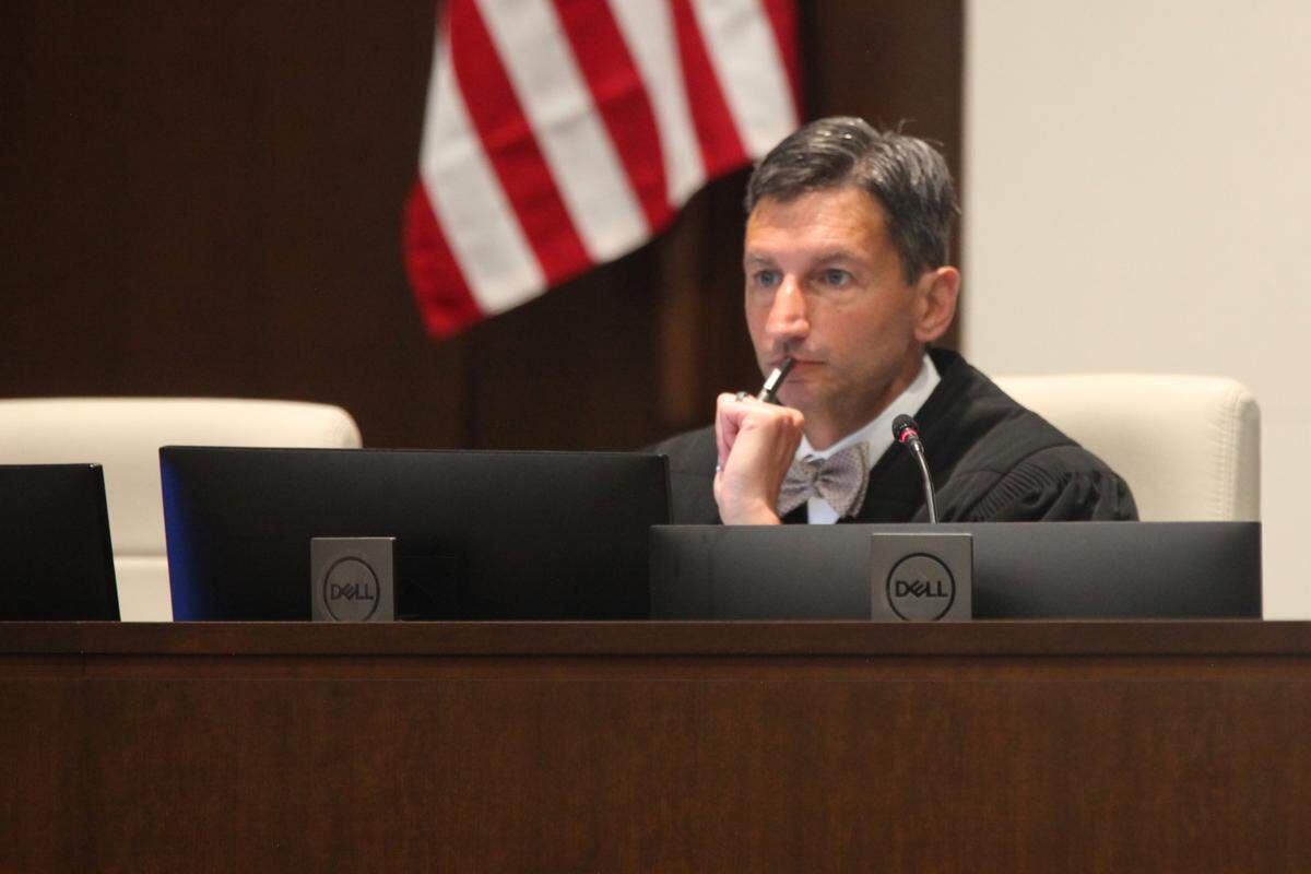 District Judge K. Christopher Jayaram follows arguments from attorneys in Johnson County, Kansas, District Court in a hearing over the state’s new law dealing with medication abortions and other, older requirements for providers, Tuesday, Aug. 8, 2023, at the county courthouse in Olathe, Kansas. Jarayam is considering whether to block the requirements while a lawsuit from providers proceeds.