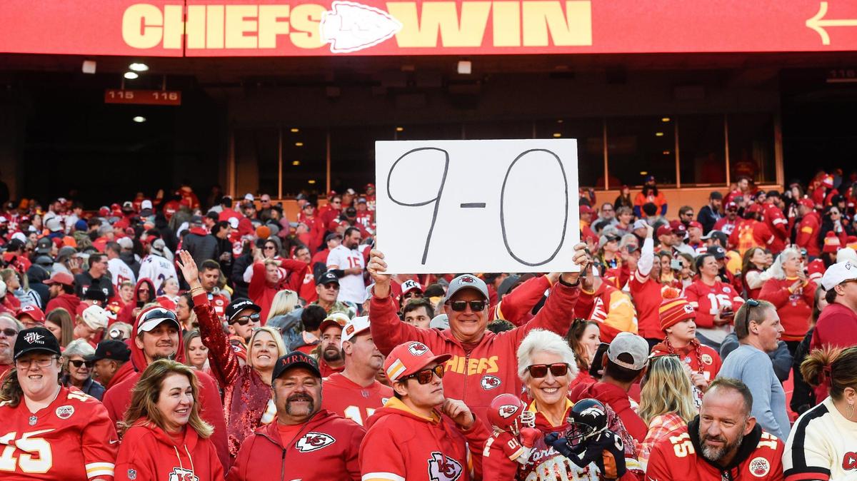 Kansas City Chiefs fans celebrate holding onto a 9-0 record after the Chiefs defeated the Denver Broncos on Sunday, Nov. 10, 2024, at GEHA Field at Arrowhead Stadium.