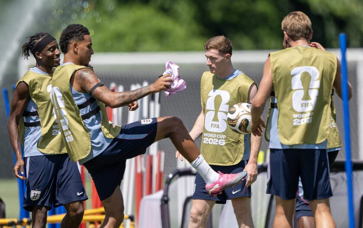 Members of the England national soccer team participate in a rondo drill during practice at Swope Soccer Village on Tuesday, July 14, 2026, in Kansas City.
