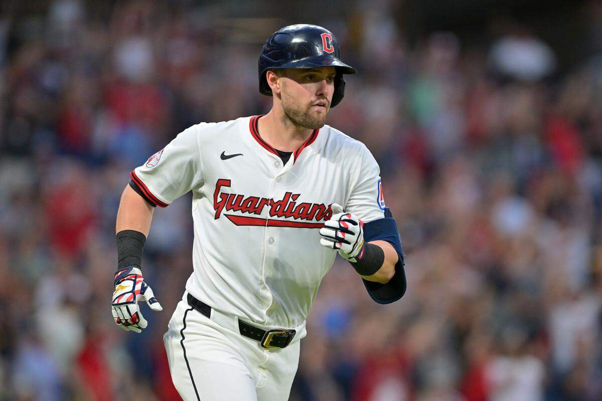 Guardians outfielder Lane Thomas rounds the bases after belting a three-run home run against the Toronto Blue Jays at Progressive Field in Cleveland on June 24, 2025.