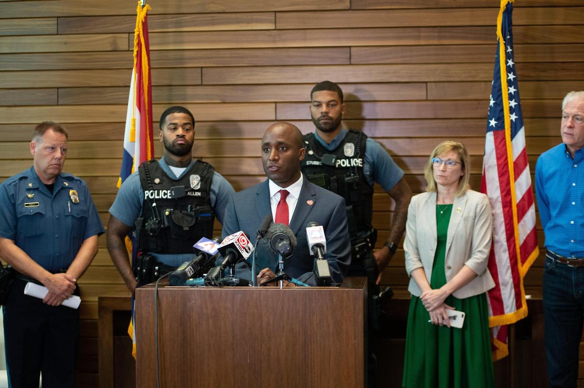 Kansas City’s new mayor Quinton Lucas, along with Jackson County Prosecutor Jean Peters Baker, second from right, and Kansas City Police Department Chief Richard Smith, first from left, spoke at a press conference Saturday afternoon, regarding the shooting that killed an innocent bystander Erin Langhofer at the First Friday arts event in the Crossroads District.