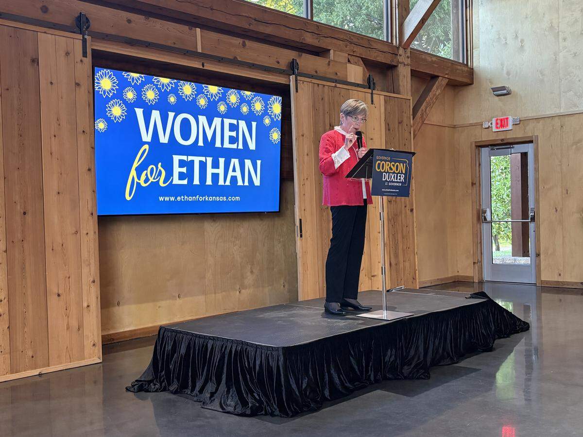 Kansas Gov. Laura Kelly campaigns for her favored Democratic successor, Sen. Ethan Corson, at Mahaffie Stagecoach Stop and Farm in Olathe on June 2, 2026.