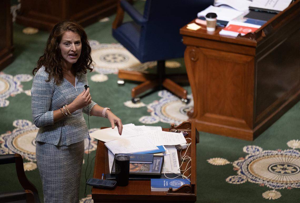 Sen. Maggie Nurrenbern, a Kansas City Democrat, talks against the gerrymandering of the state’s congressional map in the Senate chambers at the Missouri Capitol on Wednesday, Sept. 10, 2025, in Jefferson City, Missouri.
