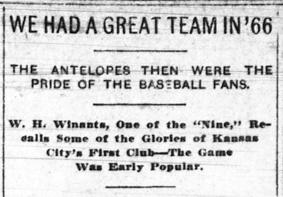 Headline of a 1908 article about the Antelopes baseball club in 1866. The Kansas City Times, June 4, 1908.