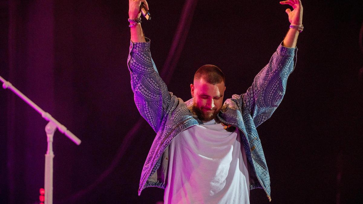 Travis Kelce eggs on the crowd by the end of the night at Kelce Jam at the Azura Amphitheatre on Friday, April 28, 2023, in Bonner Springs.