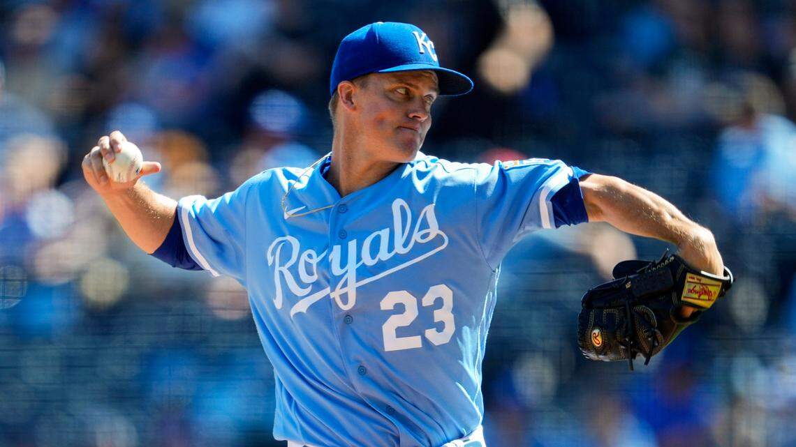 Kansas City Royals starting pitcher Zack Greinke (23) pitches during the first inning against the Cleveland Guardians at Kauffman Stadium on Sept. 20, 2023.