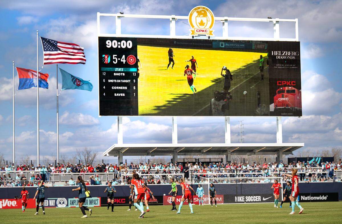 The KC Current’s giant scoreboard at CPKC Stadium measures an impressive 74 by 27 feet.
