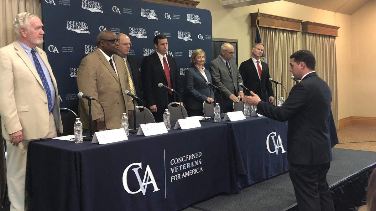 Republican candidates in Kansas' 2nd congressional district were welcomed to a forum last week in Leavenworth by Dan Caldwell, the executive director for Concerned Veterans for America. From left to right: Sen. Steve Fitzgerald, Vernon Fields, Curtis Hanson (representing Rep. Kevin Jones), Sen. Dennis Pyle, Sen. Caryn Tyson, Doug Mays and Steve Watkins.