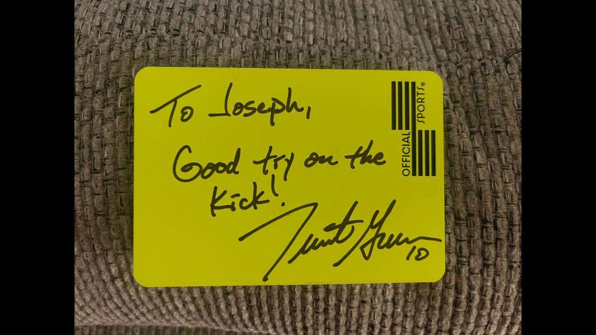 A signed yellow card from former Chiefs quarterback Trent Green, who was the referee for the Kansas City Current’s annual media game at halftime during the team’s game on Saturday, July 12.