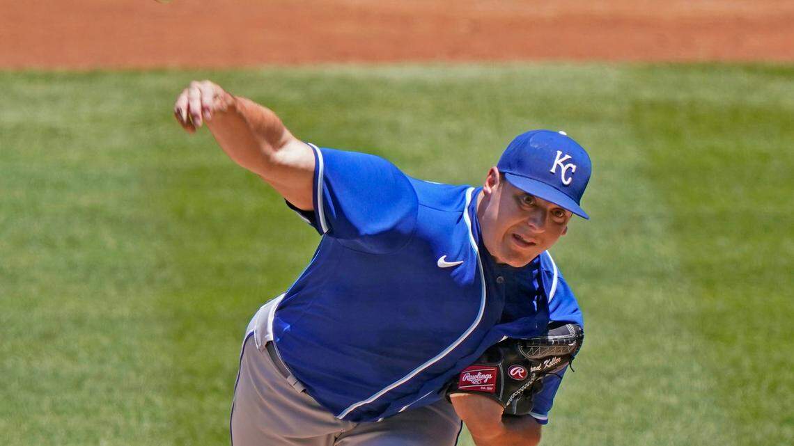 Kansas City Royals starting pitcher Brad Keller (56) delivers a pitch during the second inning of a baseball game against the New York Yankees, Thursday, June 24, 2021, at Yankee Stadium in New York. (AP Photo/Kathy Willens)