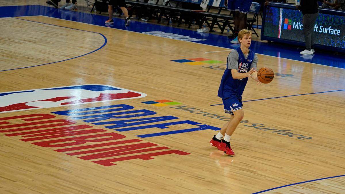 Gradey Dick of Kansas participates in the 2023 NBA Draft Combine at Wintrust Arena in Chicago on May 15, 2023.