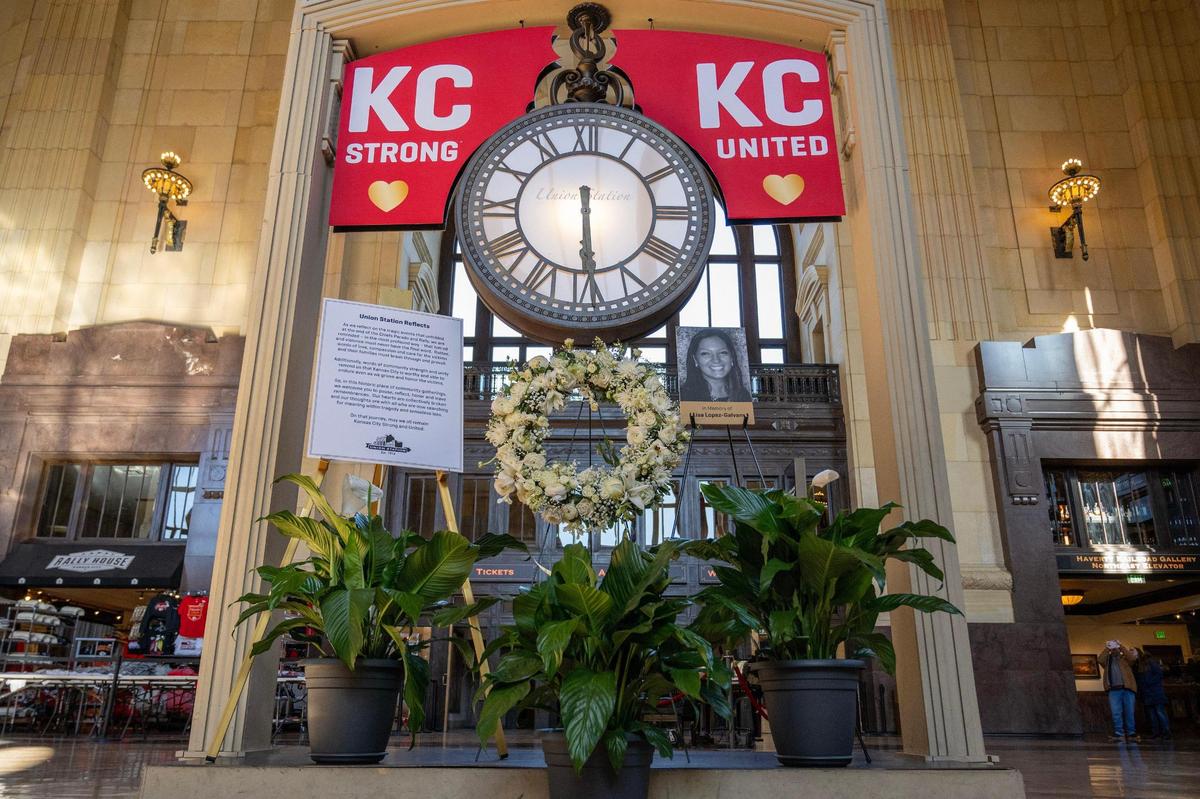 A memorial for Lisa Lopez-Galvan alongside a ‘KC Strong’ banner and a statement by Union Station is displayed near the main entrance of Union Station on Sunday, Feb. 18, 2024, in Kansas City. Lopez-Galvan was killed Wednesday at Union Station in a hail of gunfire following the Kansas City Chiefs Super Bowl LVIII victory parade.