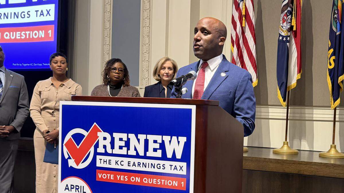Kansas City Mayor Quinton Lucas speaks at a press conference on March 24, 2026, to encourage residents to vote in favor of the 1% earnings tax.