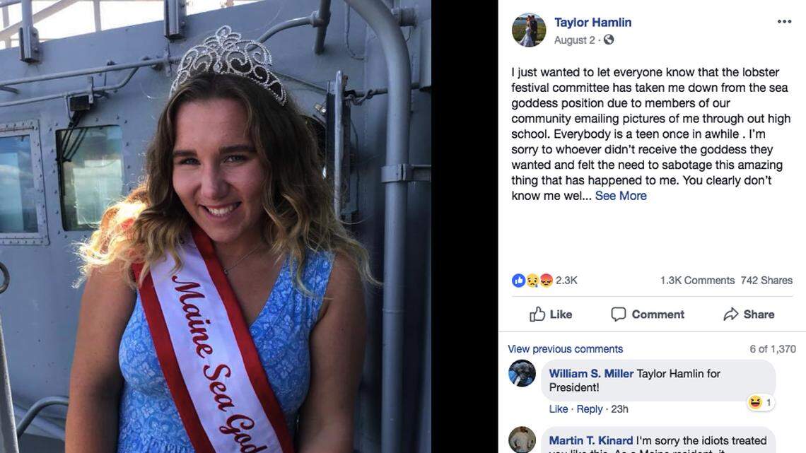 The Maine Lobster Festival stripped its teenage Sea Goddess, Taylor Hamlin, of her crown after someone sent officials photos of her holding a blunt and a vaping device. Officials say they have been threatened over the decision.