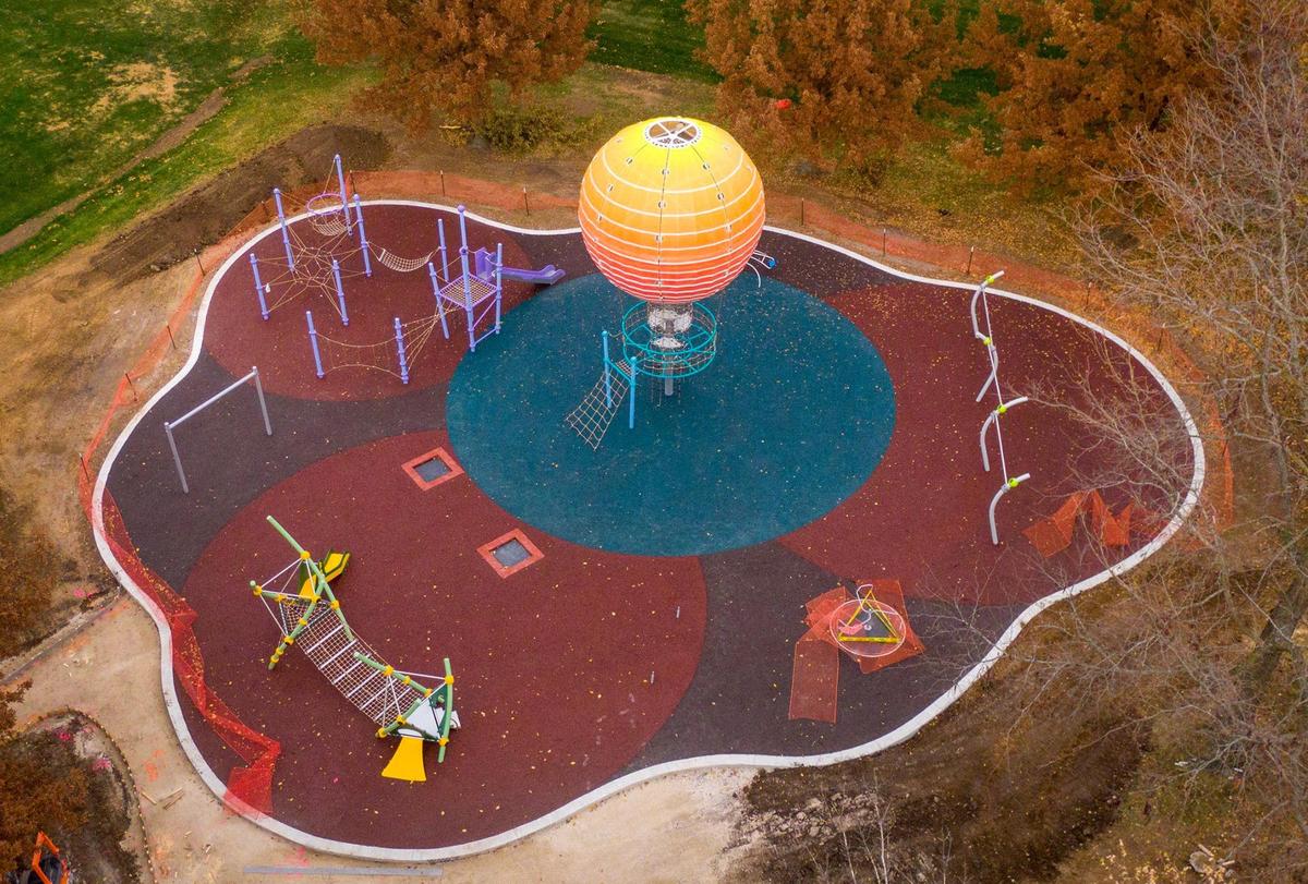 A new playground featuring a 30-foot tall hot air balloon is part of a $3.7 million renovation project underway on Wednesday, Nov. 15, 2023, at Gum Springs Park in Shawnee. Upgrades at the park should be finished by the end of the year.
