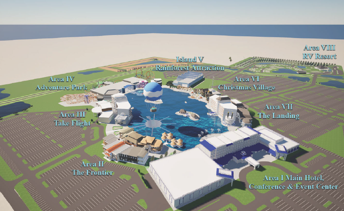 A rendering shows the 183-acre stretch of land where real estate developer Epic Resort Destinations plans to build a Mattel toy-themed amusement park in Bonner Springs. Proposed alongside the theme park are an indoor rainforest attraction with live nature exhibits, a year-round Christmas Village, retail and office space, three hotels and a luxury RV resort.