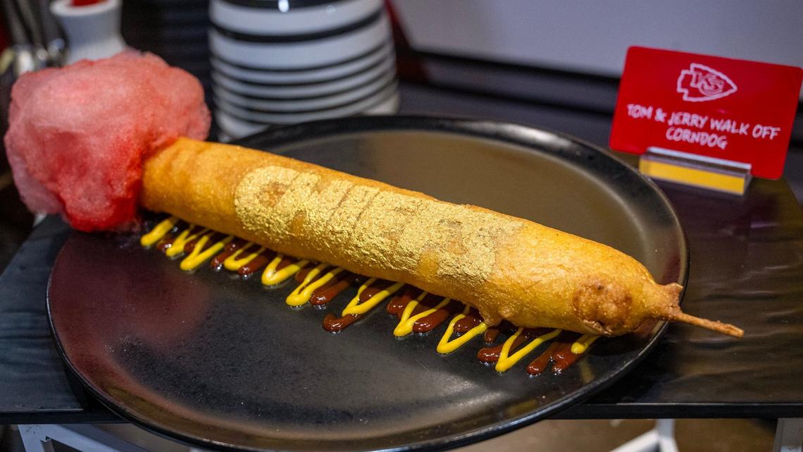 The Tom & Jerry’s Walk Off Corndog features a bacon wrapped brisket dog skewer with sweet and spicy cream cheese, battered and fried then topped with spicy cotton candy.
