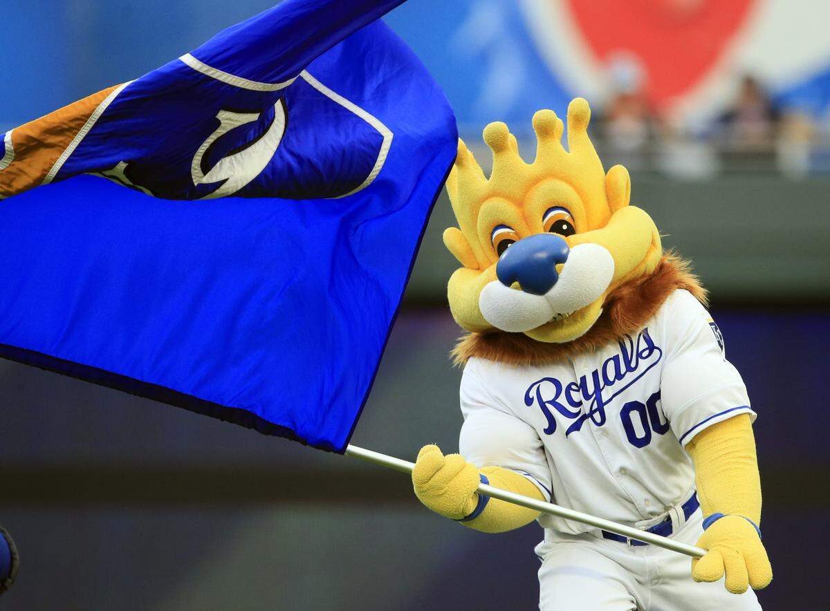 Kansas City Royals mascot Sluggerrr celebrates his team’s doubleheader sweep over the Tampa Bay Rays on Wednesday at Kauffman Stadium.