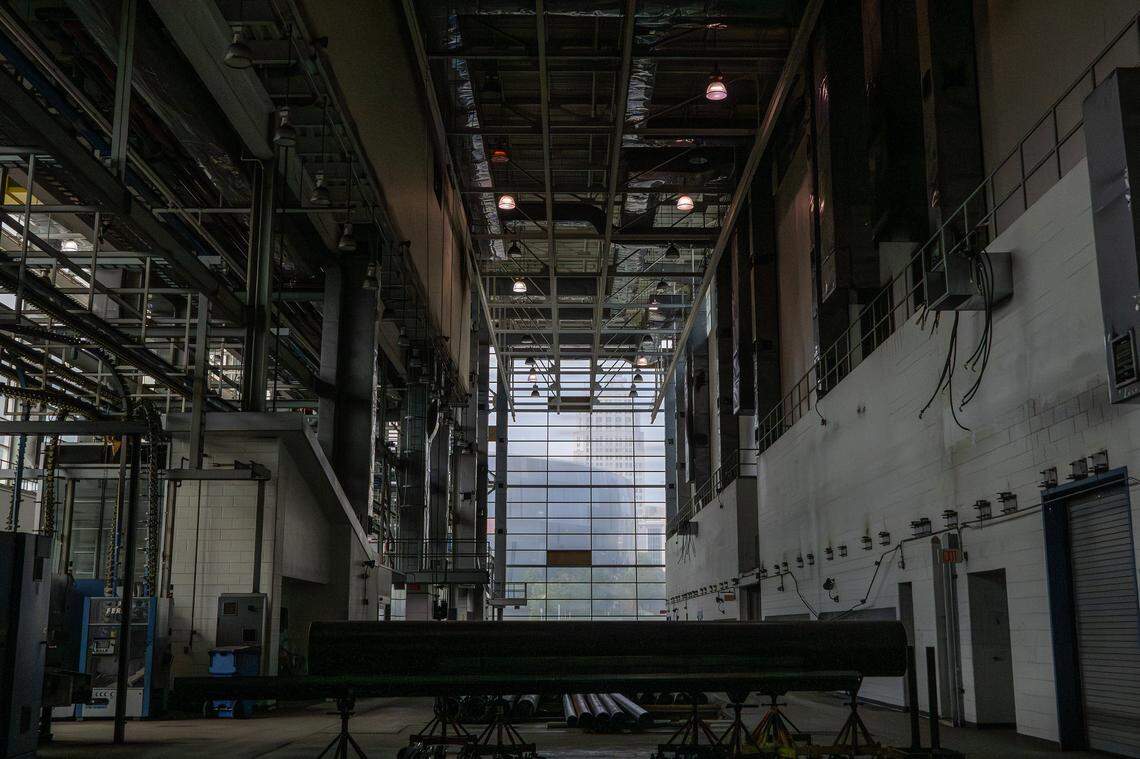 Printing press equipment remains inside the former Kansas City Star press hall on Wednesday, Sept. 10, 2025, in Kansas City. The building is being redeveloped into Patmos' technology campus.