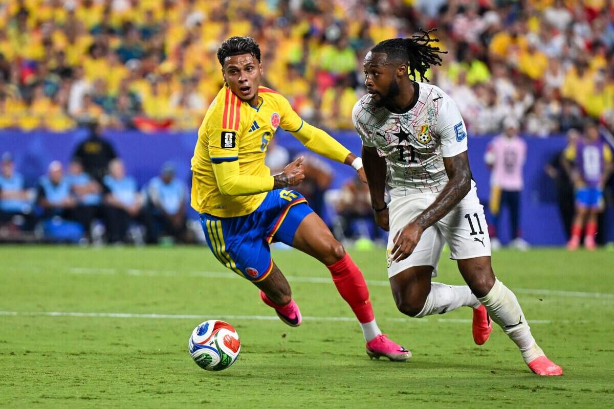 Ghana forward Antoine Semenyo (11) leads the Ghanaian attack vs. Colombia in a 2026 World Cup Round of 32 football match at Kansas City (Arrowhead) Stadium in Kansas City on Friday, July 3, 2026.