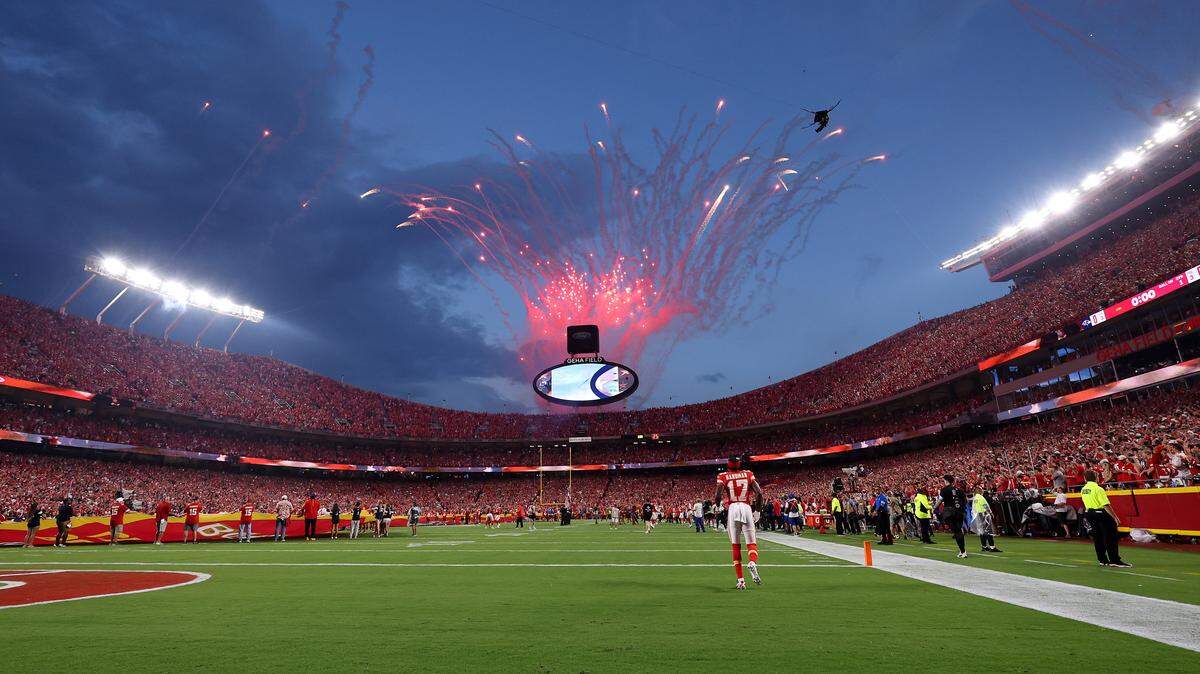 A general view of fireworks is seen before the Baltimore Ravens take on the Kansas City Chiefs at GEHA Field at Arrowhead Stadium on September 5, 2024 in Kansas City.