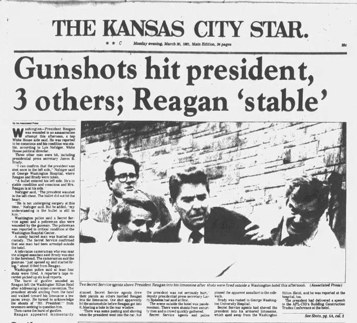 Front page of The Kansas City Star on the day, March 30, 1981, that president Ronald Reagan was shot outside the Washington Hilton Hotel in Washington D.C., by would-be assassin John Hinckley Jr.