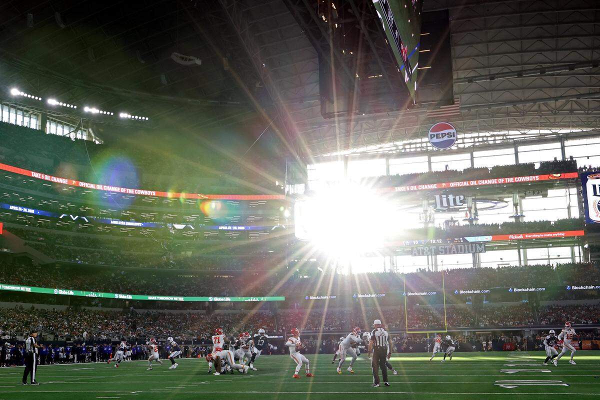Sun shines on quarterback Patrick Mahomes and the Kansas City Chiefs’ offense during an NFL Week 13 Thanksgiving Day game against the Dallas Cowboys at AT&T Stadium in Arlington, Texas on Thursday, Nov. 27, 2025.