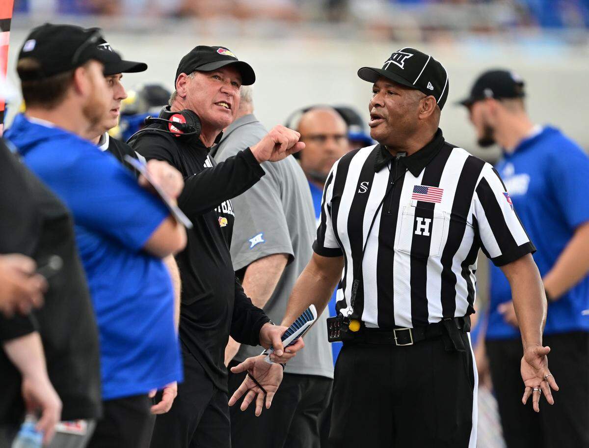 Kansas Jayhawks coach Lance Leipold erupts on the sideline after a late hit on quarterback Jalon Daniels (not pictured), who was sliding, at David Booth Kansas Memorial Stadium on Sept. 20, 2025. The West Virginia defender was ejected.