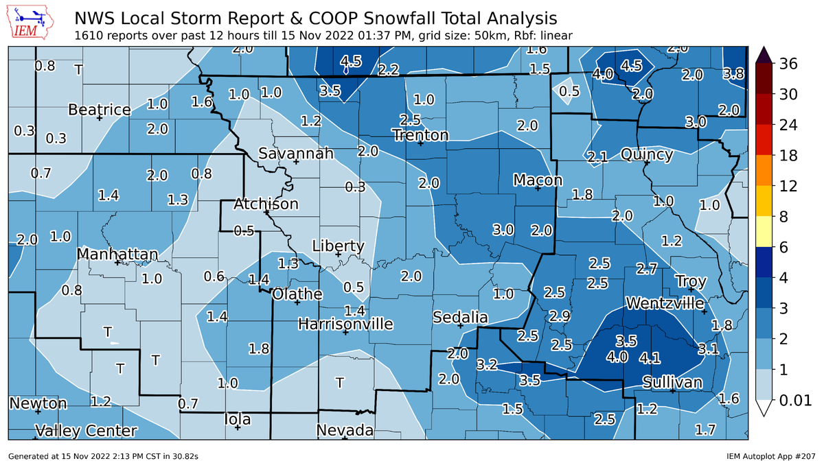 Snowfall totals varied in the Kansas City area, ranging to from under an inch to close to 1.5 inches of snow. The National Weather Service, which is located in Pleasant Hill, reported that 1.4 inches of snow had fallen as of 6 a.m. Meanwhile 2 inches of snow reportedly fell in Raymore.