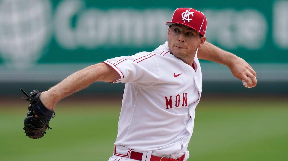 Kansas City Royals starting pitcher Kris Bubic throws during the first inning of a baseball game against the Detroit Tigers Sunday, May 23, 2021, in Kansas City, Mo. (AP Photo/Charlie Riedel)