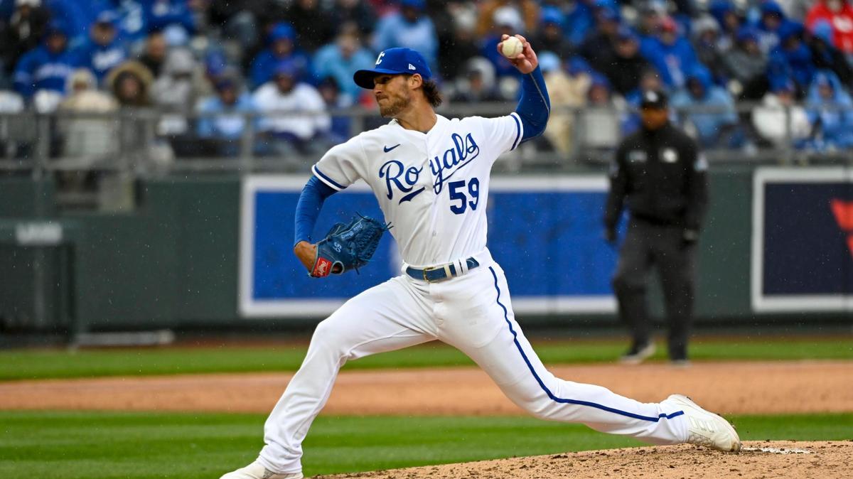 Royals pitcher Jake Brentz (59) took the mound in the fifth inning as Kansas City played the Cleveland Guardians in the season opener Thursday, April 7, 2022, at Kauffman Stadium in Kansas City. Kansas City defeated Cleveland, 3-1.