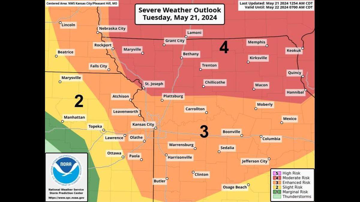 An outbreak of severe weather is possible in parts of the Midwest on Tuesday. Tornadoes, some that may be strong, large hail and hurricane-force winds are possible, according to the National Weather Service. The Kansas City area is under an enhanced risk of severe weather, while areas north of the metro, including St. Joseph, are under moderate risk.