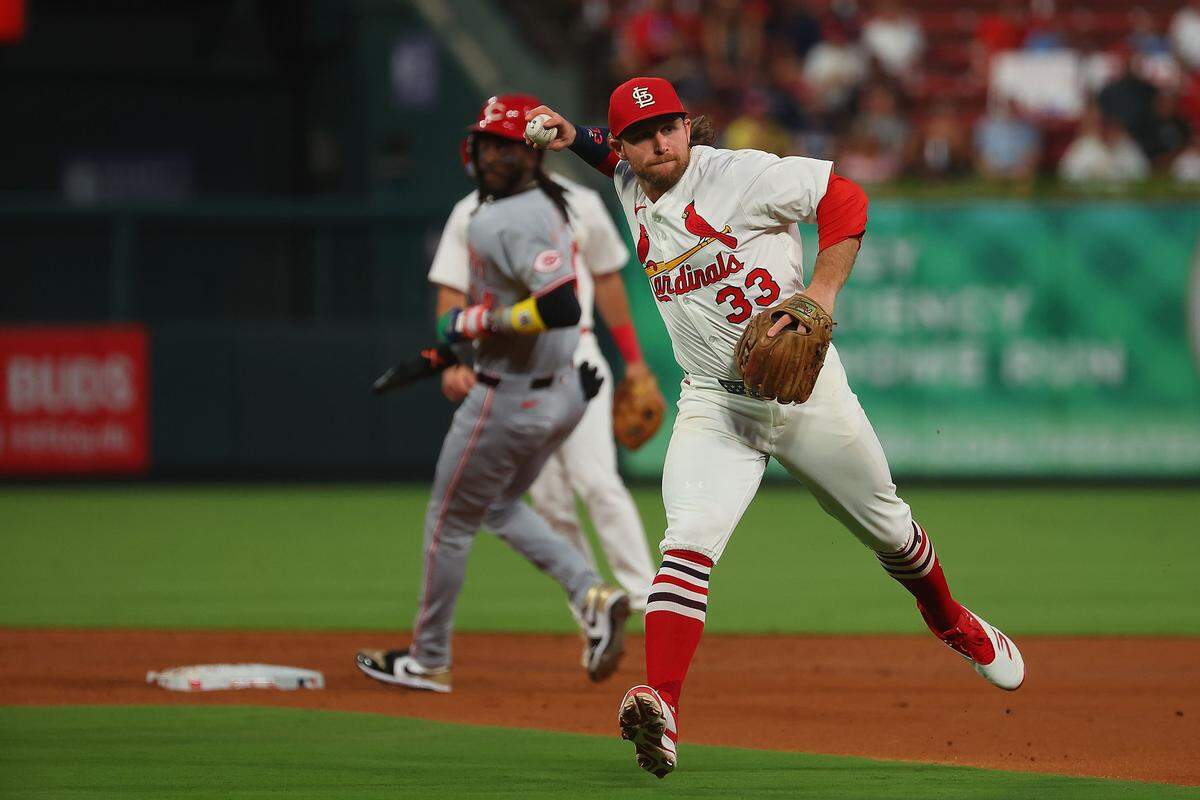Brendan Donovan #33 of the St. Louis Cardinals fields the ball against the Cincinnati Reds in the second inning at Busch Stadium on September 16, 2025 in St Louis, Missouri.