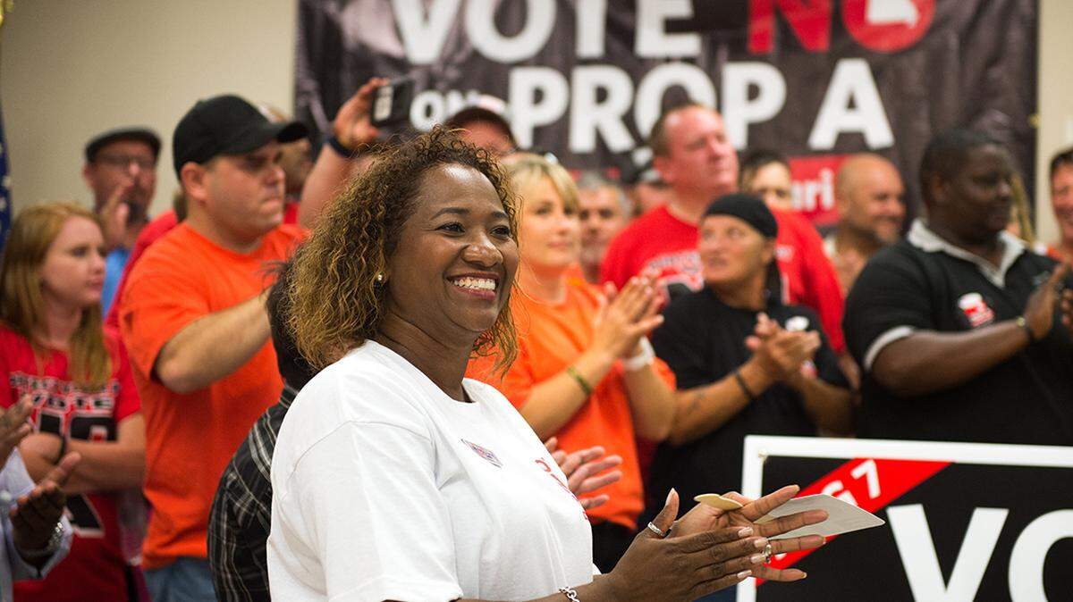 Union members and leaders celebrated overturning Missouri’s right to work law in August at Pipefitters Local 533 Hall in Kansas City.