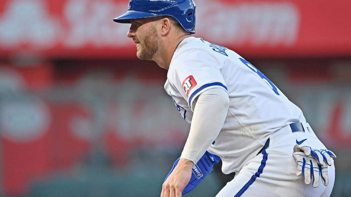 Kansas City Royals designated hitter Robbie Grossman (8) takes a lead off first base in the third inning against the Minnesota Twins at Kauffman Stadium.