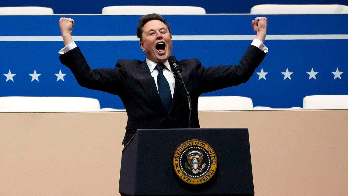 Elon Musk delivers a speech during the inauguration rally for President Donald Trump at Capital One Arena in Washington D.C., on Monday, Jan. 20, 2025.