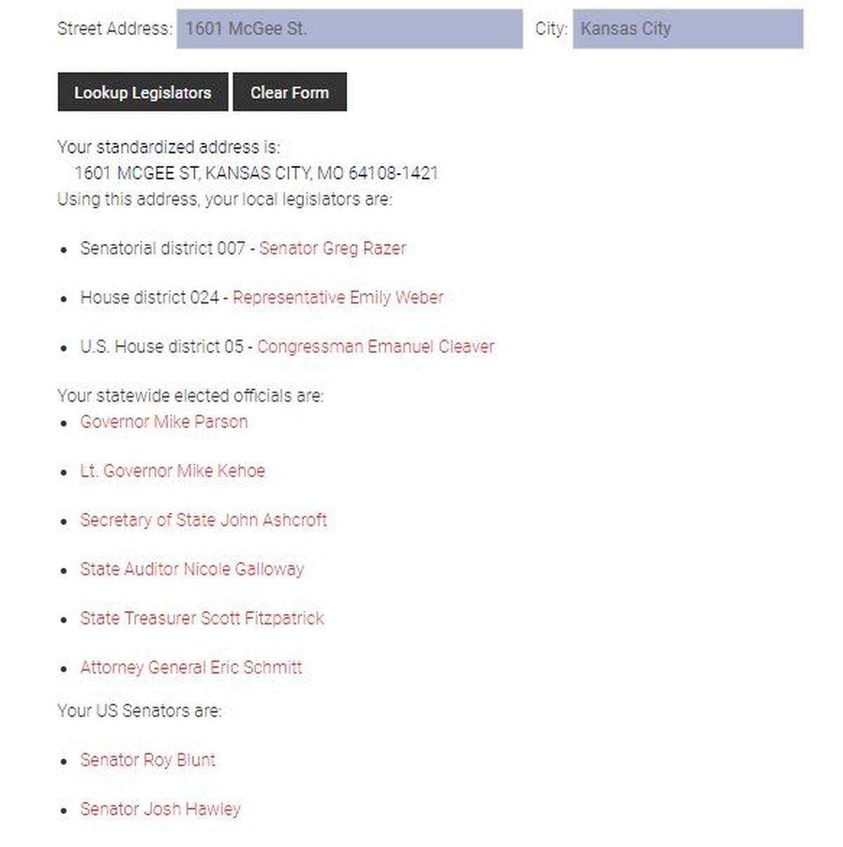A screenshot of the Missouri Senate page showing who a resident’s representatives are based on their home address.