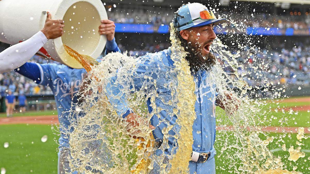 Kansas City Royals left fielder Jonathan India (6) reacts after a “Salvy Splash” after beating the Cleveland Guardians at Kauffman Stadium on March 29, 2025.