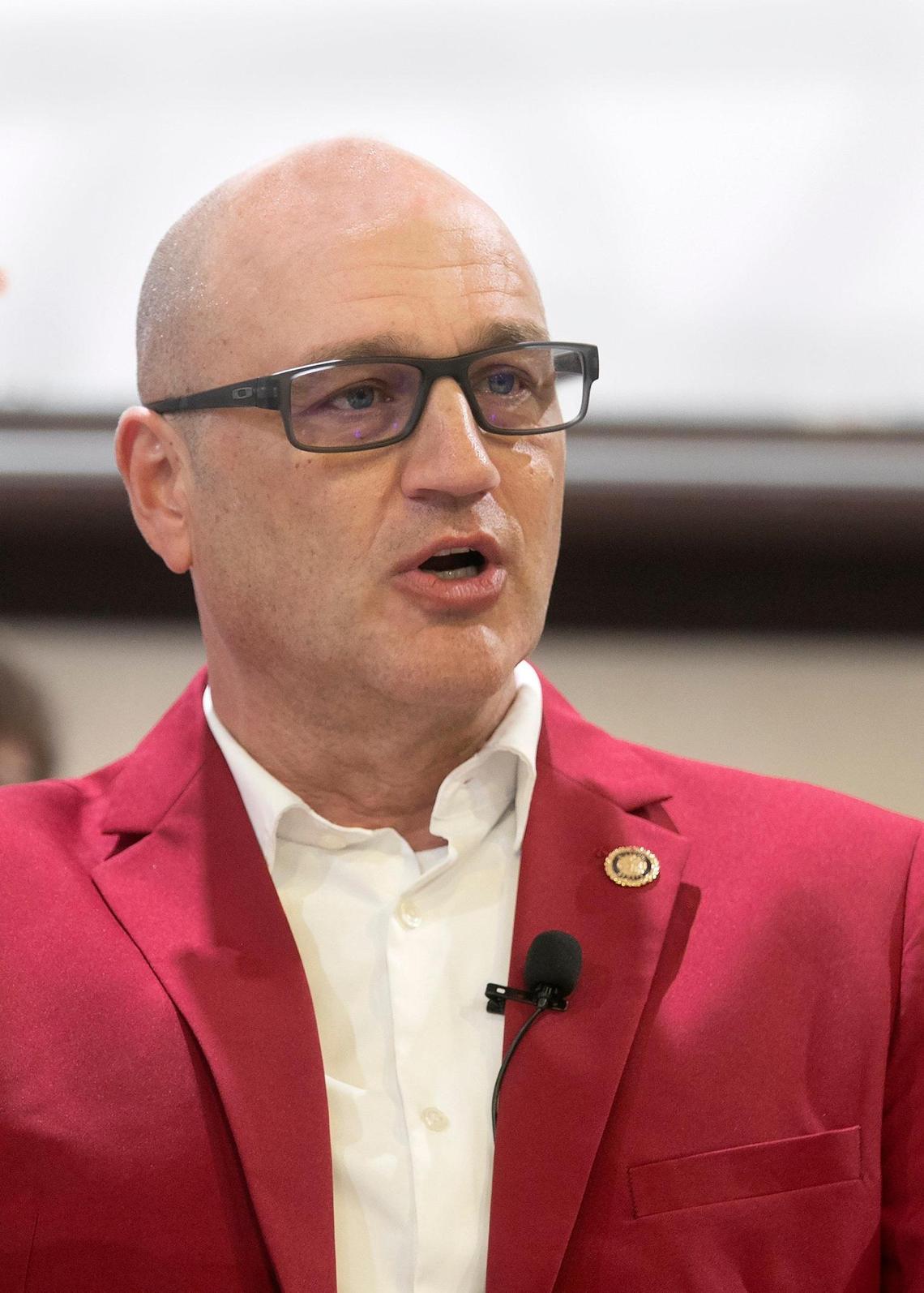 Missouri Secretary of State Denny Hoskins, then a state senator, spoke at The Missouri Republican Party’s “Get Out The Vote” tour during a stop at the Lee’s Summit Municipal Airport, Monday, Nov 4, 2024.