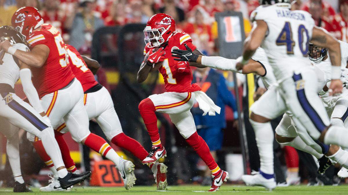 Kansas City Chiefs wide receiver Xavier Worthy runs in for a touchdown against the Baltimore Ravens in the first quarter Thursday, Sept. 5, 2024, at GEHA Field at Arrowhead Stadium.