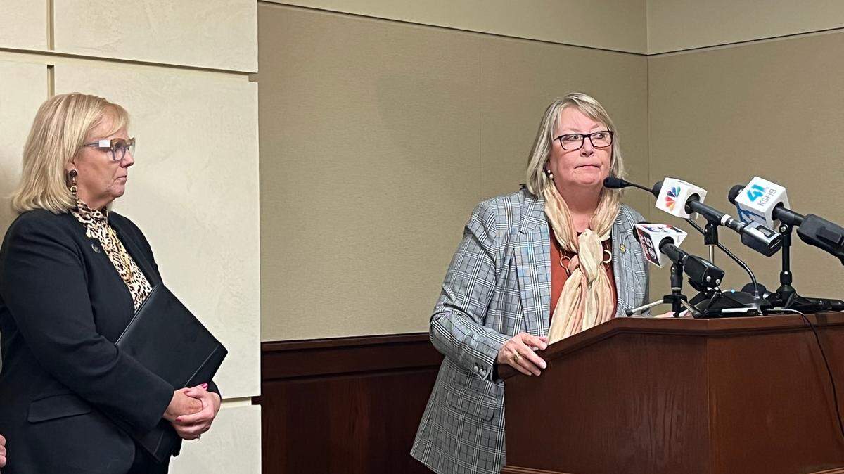 Sen. Molly Baumgardner, right, and Rep. Susan Concannon, a Beloit Republican, spoke at a news conference Tuesday about concerns over a case involving a Gardner foster child.