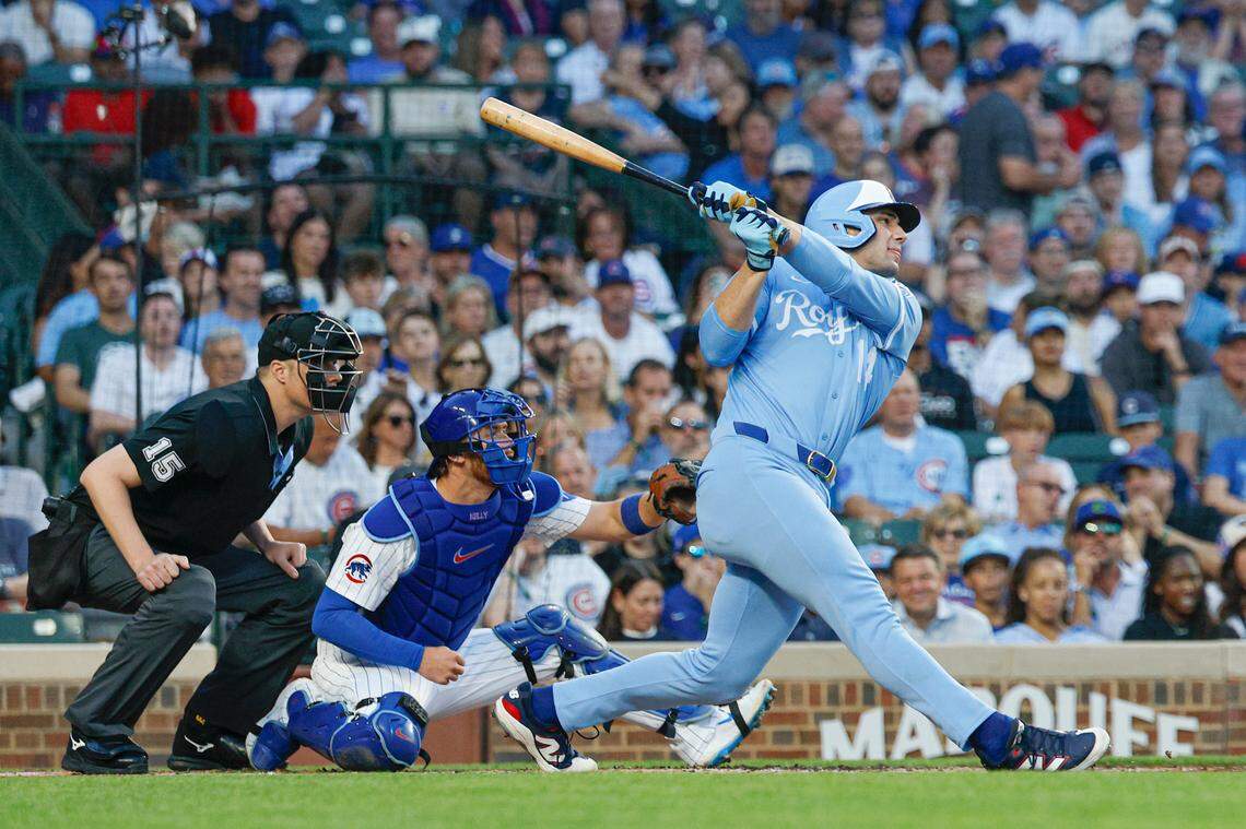 Kansas City Royals right fielder Jac Caglianone launches a solo home run during the second inning of a July 21, 2025 Major League Baseball game against the Cubs at Wrigley Field in Chicago.