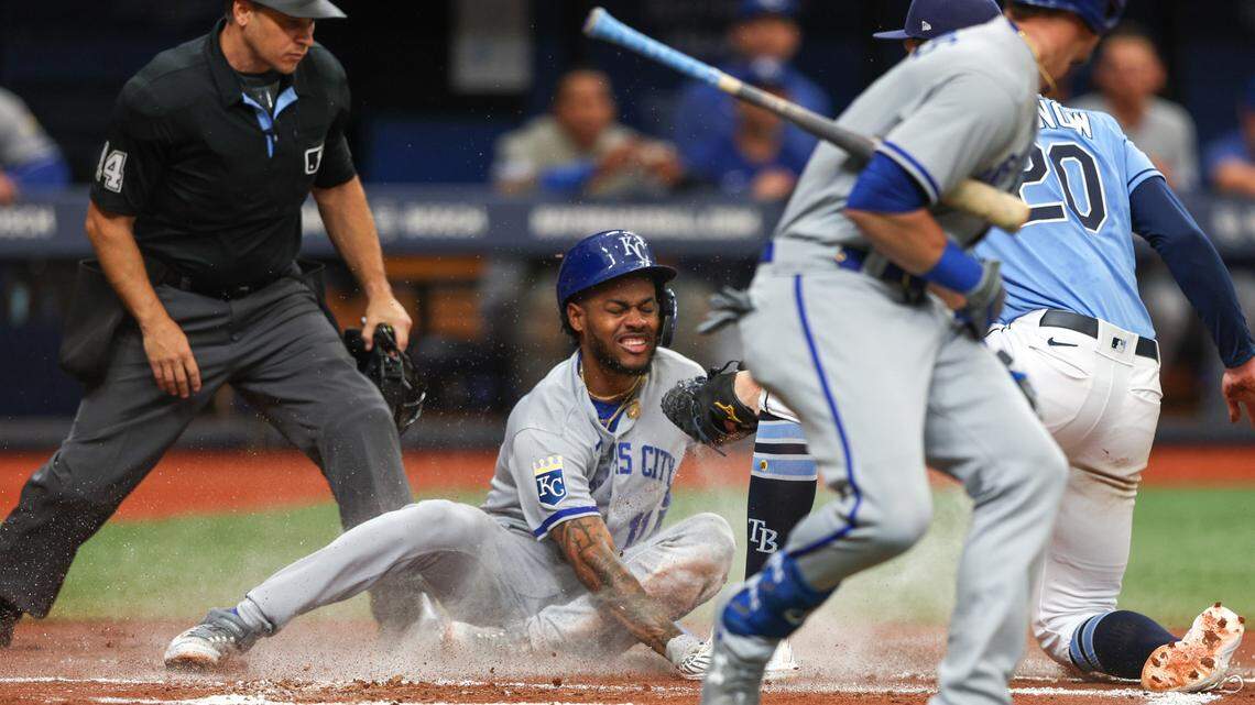 Royals third baseman Maikel Garcia is tagged out at home plate by Tampa Bay Rays pitcher Tyler Glasnow during the second inning of Sunday’s game at Tropicana Field in St. Petersburg, Fla. Glasnow struck out 12.