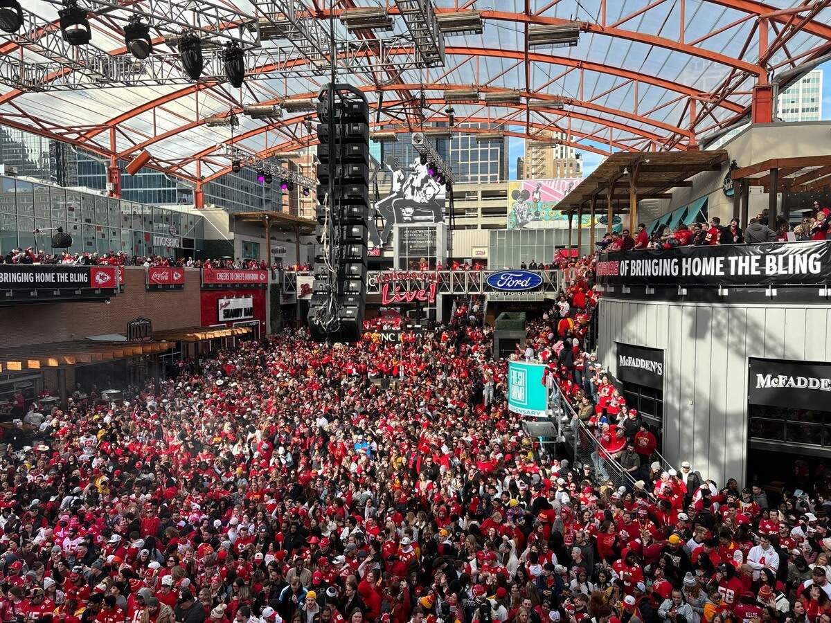 Fans crowded into the KC Live! Block in the Power & Light District Sunday to watch the Super Bowl.
