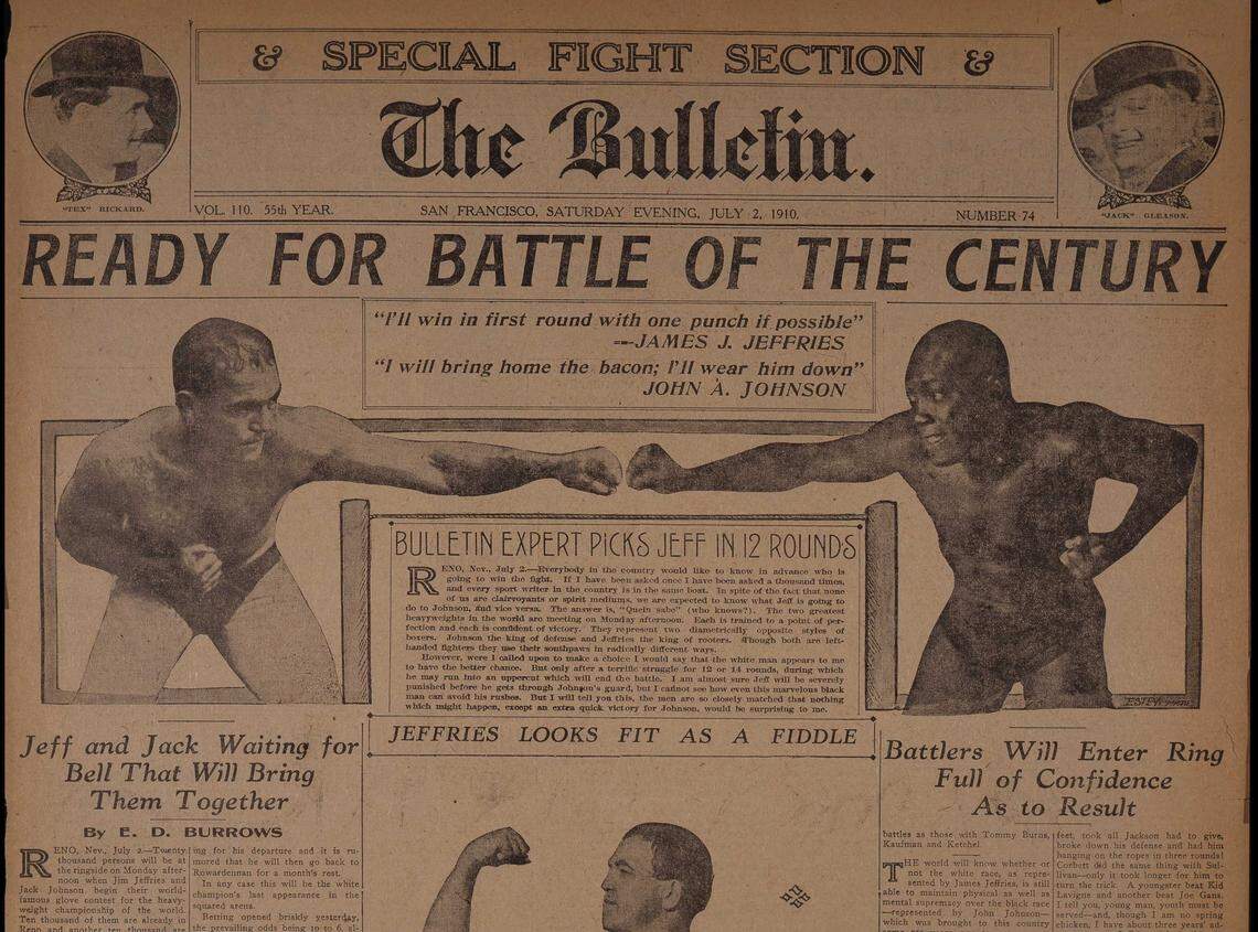 Jack Johnson, the first Black world heavyweight champion, defeated Jim Jeffries, “The Great White Hope,” on July 4, 1910, in the “Fight of the Century.”