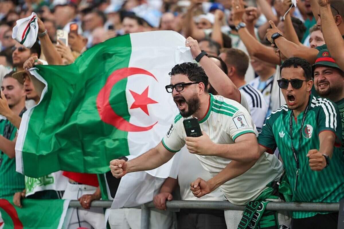 Algerian fans cheer at the Argentina vs. Algeria FIFA World Cup group-stage soccer match at Kansas City (Arrowhead) Stadium in Kansas City on Tuesday, June 16, 2026.